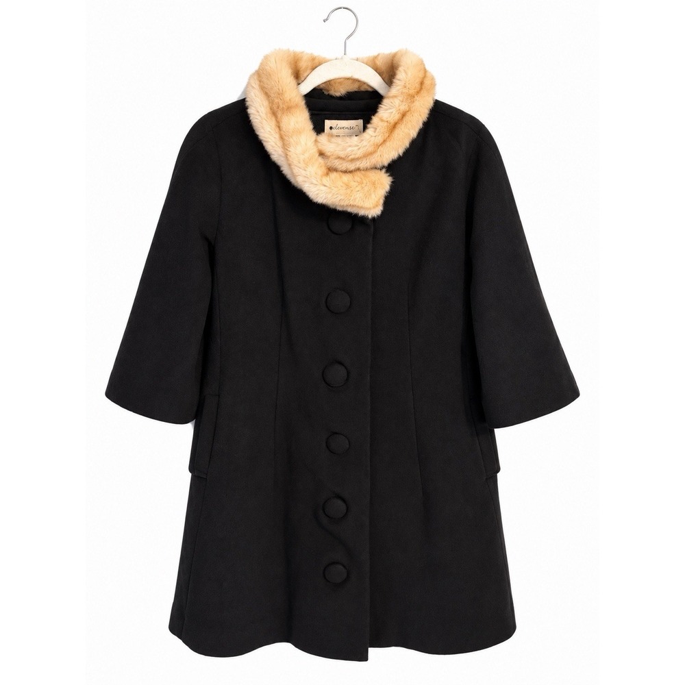 Elevenses Anthropologie Wool Angora Faux Fur Collar Swing Coat Black Size 2